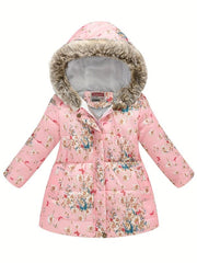 Girls Puffer Coat Flowers Print Zipper Hooded Fleece Warm Jacket Winter