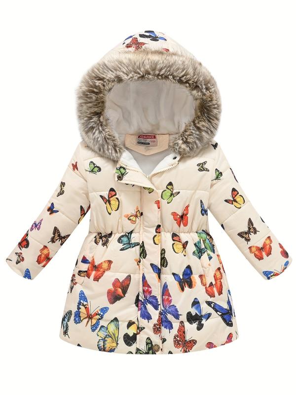 Girls Puffer Coat Flowers Print Zipper Hooded Fleece Warm Jacket Winter
