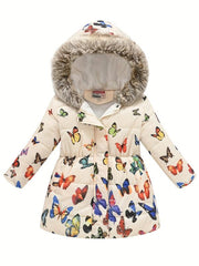 Girls Puffer Coat Flowers Print Zipper Hooded Fleece Warm Jacket Winter