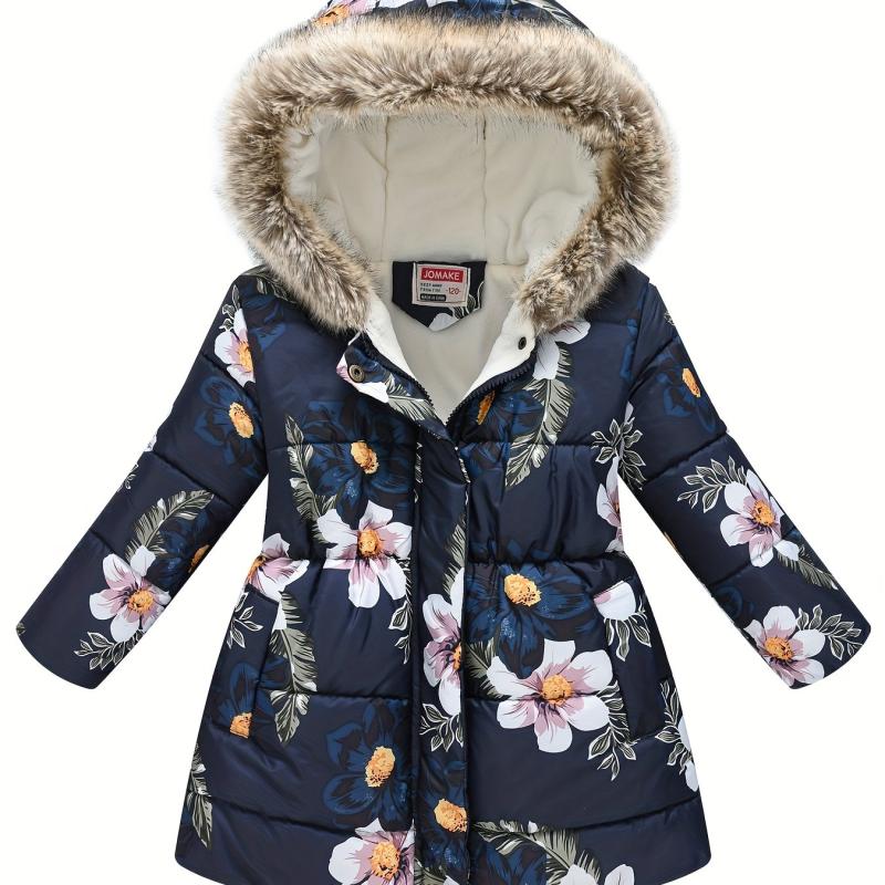 Girls Puffer Coat Flowers Print Zipper Hooded Fleece Warm Jacket Winter