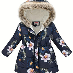 Girls Puffer Coat Flowers Print Zipper Hooded Fleece Warm Jacket Winter