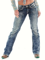 Vintage Wash Boot Cut Jeans with Top Stitching