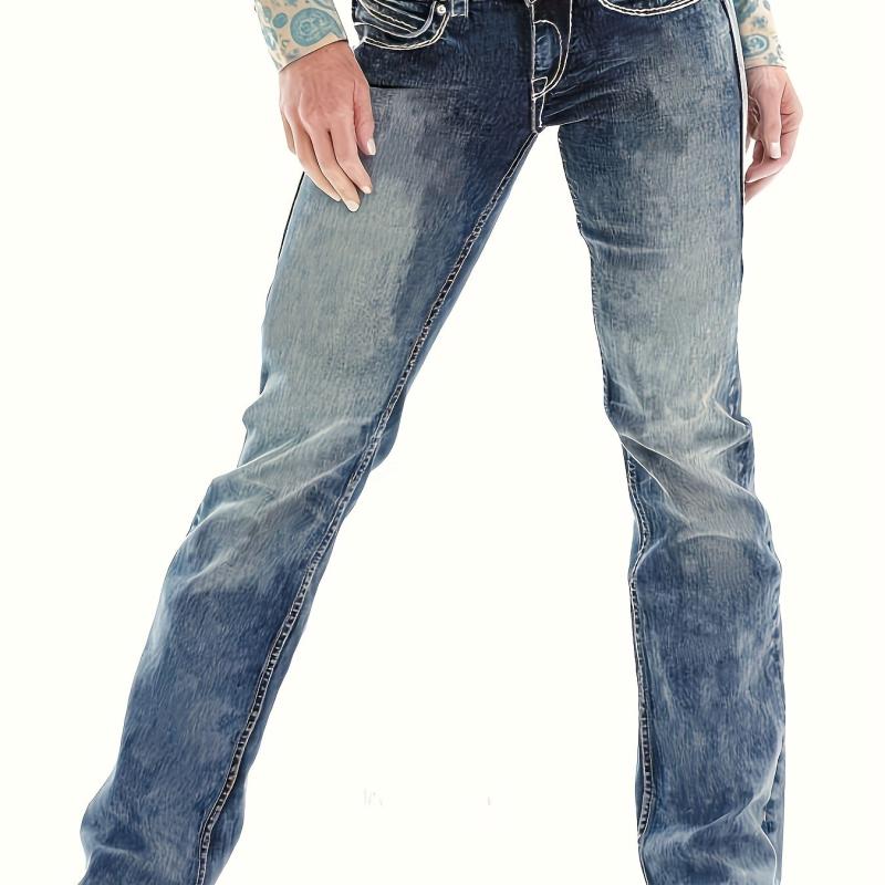 Vintage Wash Boot Cut Jeans with Top Stitching