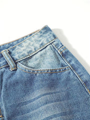 Loose Fit Straight Jeans Slash Pockets Single Breasted Button
