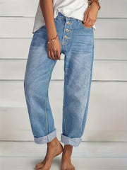 Loose Fit Straight Jeans Slash Pockets Single Breasted Button