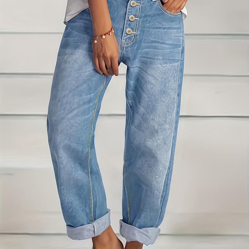 Loose Fit Straight Jeans Slash Pockets Single Breasted Button