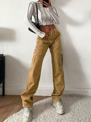 Loose Fit Cargo Pants Flap Pockets Non Stretch Solid Street Style Straight Jeans