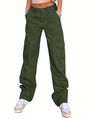 Loose Fit Cargo Pants Flap Pockets Non Stretch Solid Street Style Straight Jeans