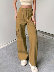 Loose Fit Cargo Pants Flap Pockets Non Stretch Solid Street Style Straight Jeans