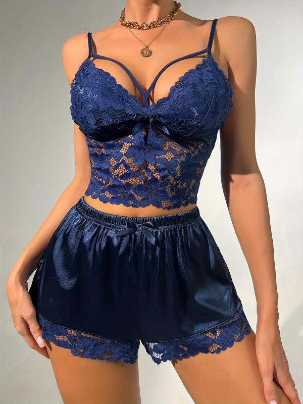 Floral Lace Satin Lingerie Set Cami Top & Shorts