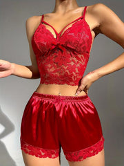 Floral Lace Satin Lingerie Set Cami Top & Shorts