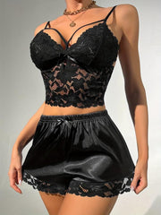 Floral Lace Satin Lingerie Set Cami Top & Shorts