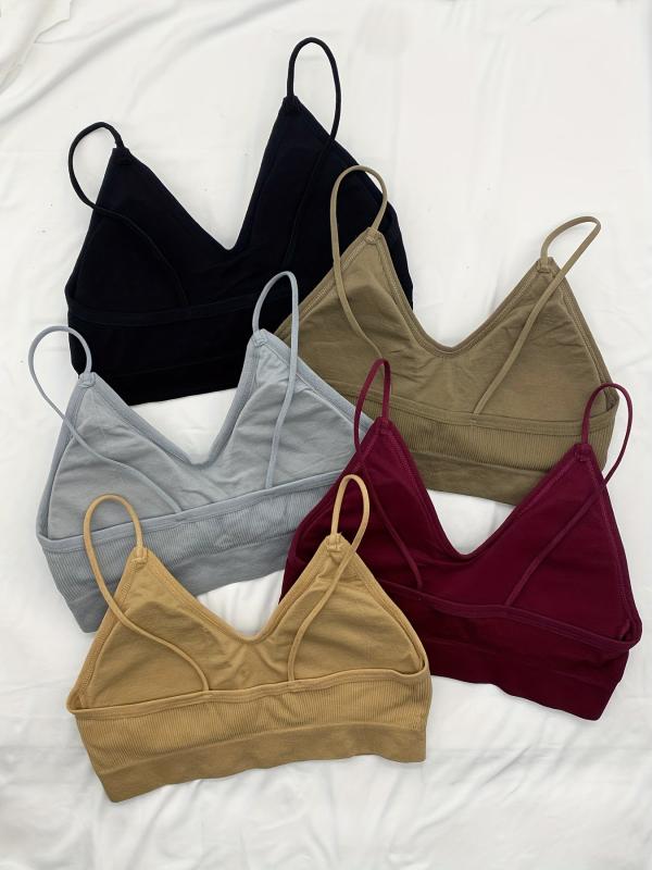5pcs Ribbed Bralettes Thin Strap Everyday Bra Women's Lingerie