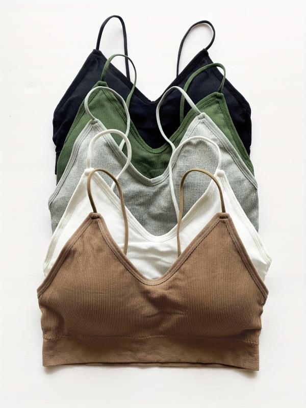 5pcs Ribbed Bralettes Thin Strap Everyday Bra Women's Lingerie