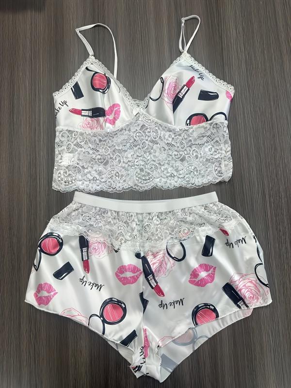Sexy Lace Cami Top and Shorts Set with Panties Lingerie Pajama