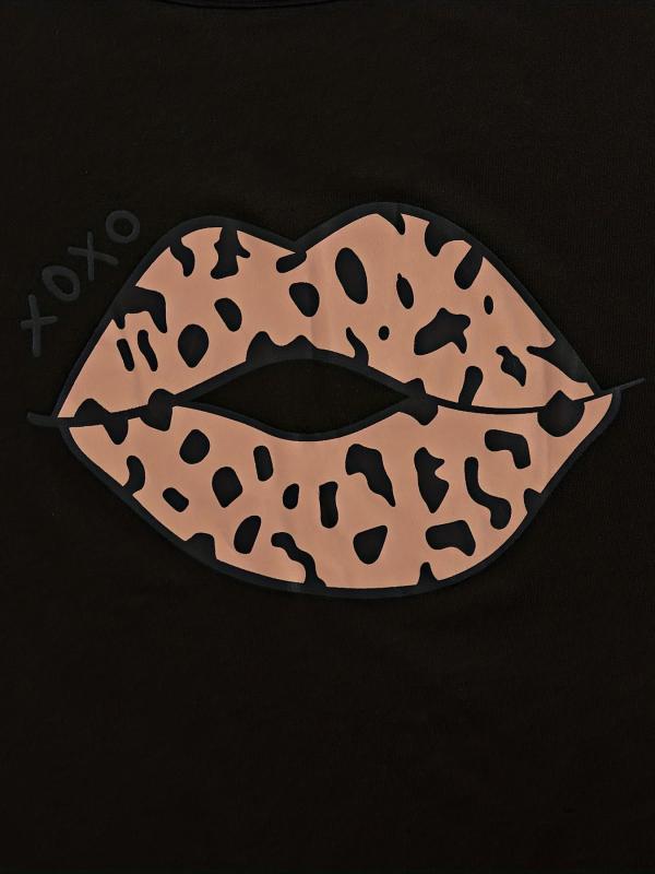 3pcs Lips & Leopard Print Pajama Set Short Sleeve Top Loose Shorts Long Pants