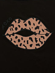 3pcs Lips & Leopard Print Pajama Set Short Sleeve Top Loose Shorts Long Pants