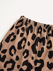 3pcs Lips & Leopard Print Pajama Set Short Sleeve Top Loose Shorts Long Pants