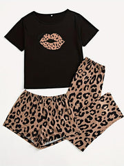 3pcs Lips & Leopard Print Pajama Set Short Sleeve Top Loose Shorts Long Pants