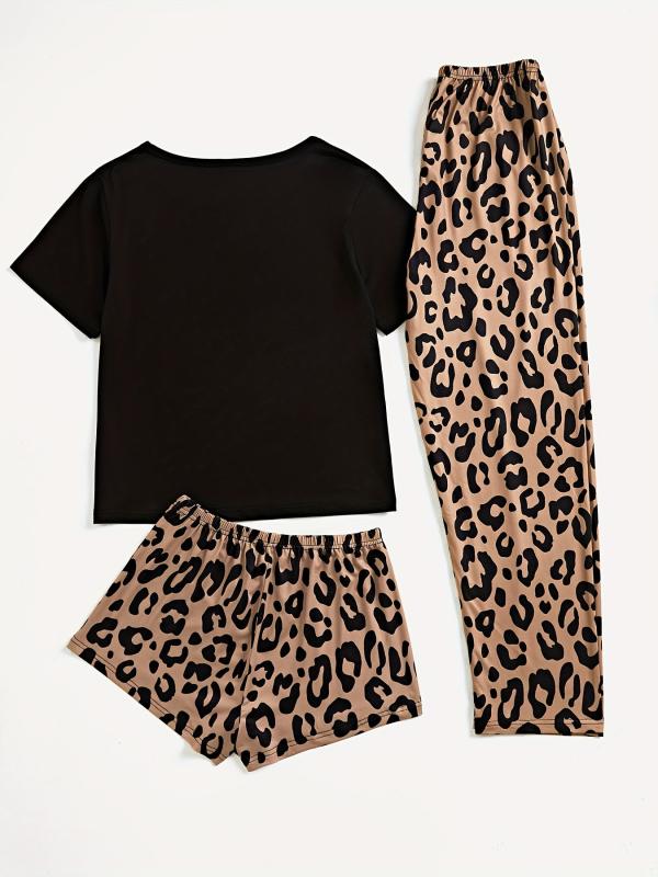 3pcs Lips & Leopard Print Pajama Set Short Sleeve Top Loose Shorts Long Pants