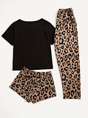 3pcs Lips & Leopard Print Pajama Set Short Sleeve Top Loose Shorts Long Pants