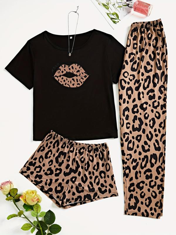 3pcs Lips & Leopard Print Pajama Set Short Sleeve Top Loose Shorts Long Pants