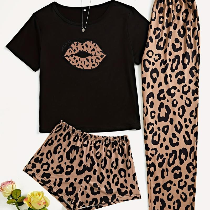 3pcs Lips & Leopard Print Pajama Set Short Sleeve Top Loose Shorts Long Pants