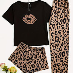 3pcs Lips & Leopard Print Pajama Set Short Sleeve Top Loose Shorts Long Pants