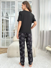 Letter Print Pajama Set Short Sleeve Crew Neck Top & Coffee Pattern Pants
