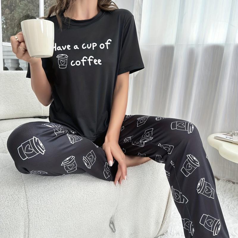 Letter Print Pajama Set Short Sleeve Crew Neck Top & Coffee Pattern Pants