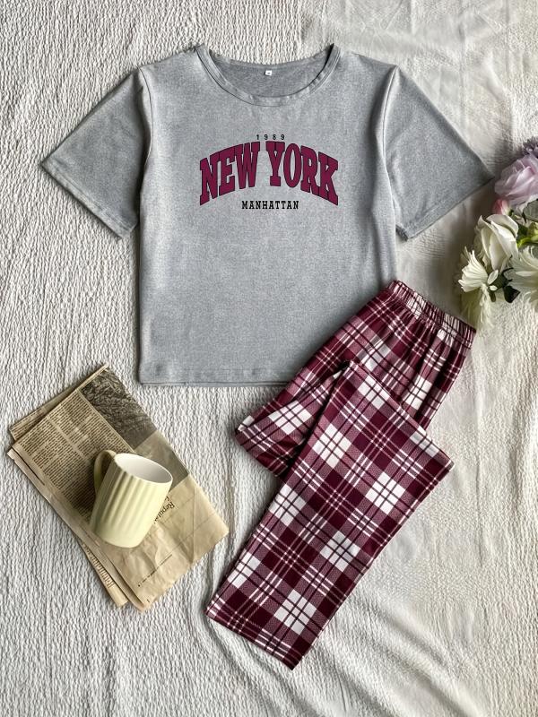 Letter & Plaid Print Pajama Set Short Sleeve Top & Cozy Long Pants
