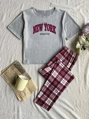 Letter & Plaid Print Pajama Set Short Sleeve Top & Cozy Long Pants