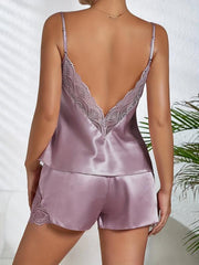 Lace Pajama Set V Neck Backless Cami Top & Shorts