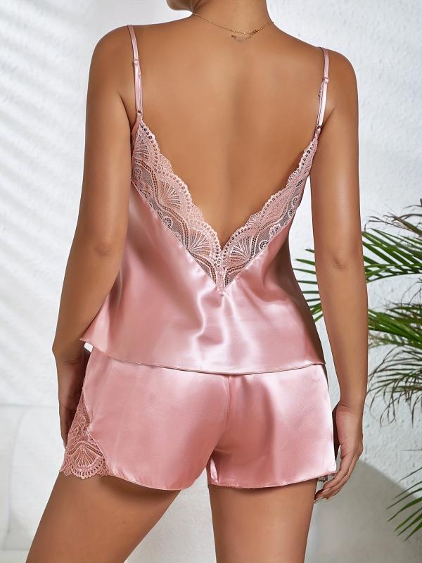 Lace Pajama Set V Neck Backless Cami Top & Shorts