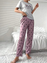 Heart Print Pajama Set Short Sleeve Crew Neck Top & Elastic Waistband Pants