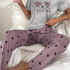 Heart Print Pajama Set Short Sleeve Crew Neck Top & Elastic Waistband Pants