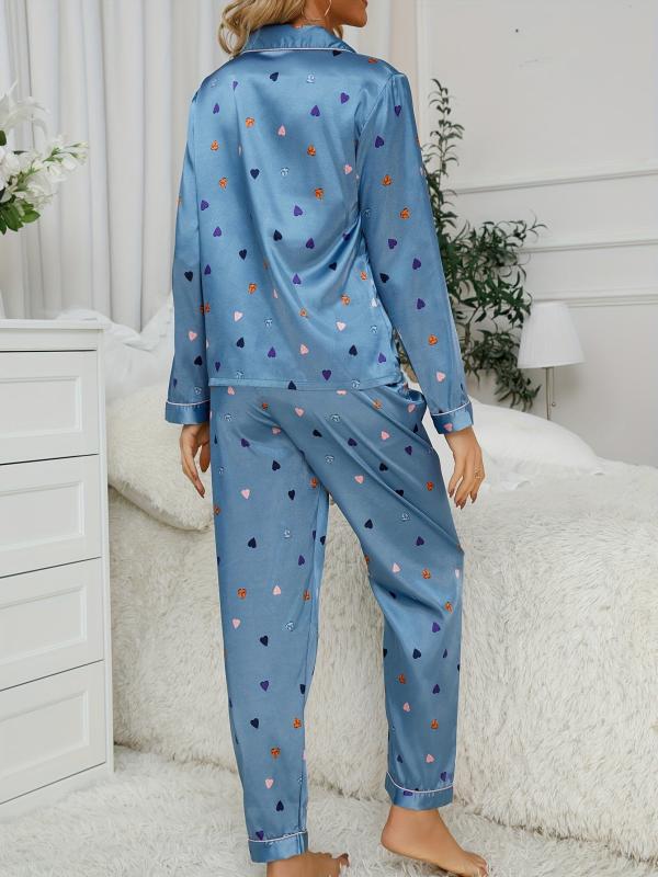 Heart Print Pajama Set Long Sleeve Buttons Top & Pants