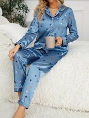 Heart Print Pajama Set Long Sleeve Buttons Top & Pants