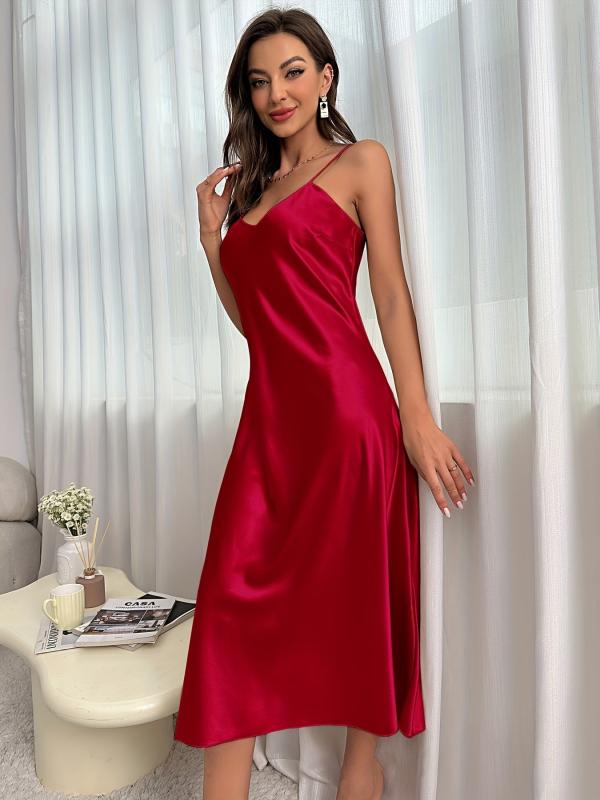 Satin Slip Nightdress V Neck Spaghetti Strap Sleep Dress Women's Sleepwear