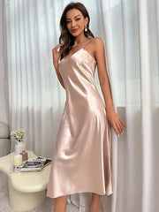 Satin Slip Nightdress V Neck Spaghetti Strap Sleep Dress Women's Sleepwear