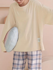 Plaid Print Crew Neck Pajamas Set Long Sleeve Top & Pant Women's Sleepwear