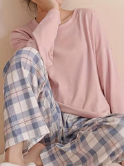 Plaid Print Crew Neck Pajamas Set Long Sleeve Top & Pant Women's Sleepwear