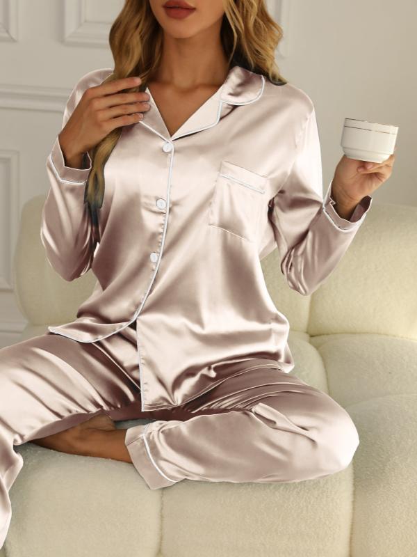 Women's Solid Pajama Set Long Sleeve Button Up Top & Pants Pj Set
