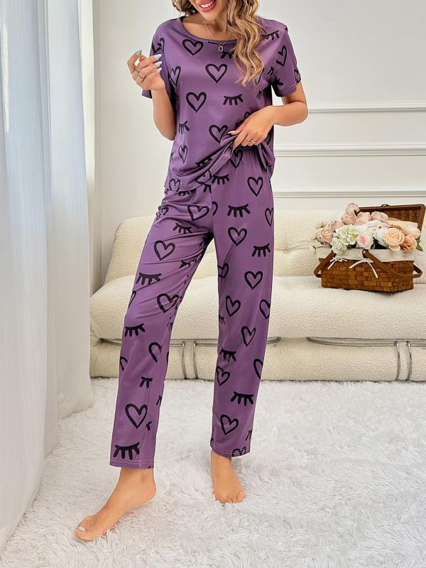 Heart Print Pajama Set Short Sleeve Top & Pants