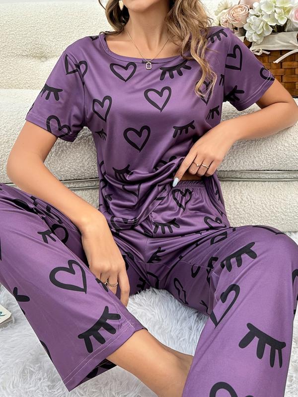 Heart Print Pajama Set Short Sleeve Top & Pants