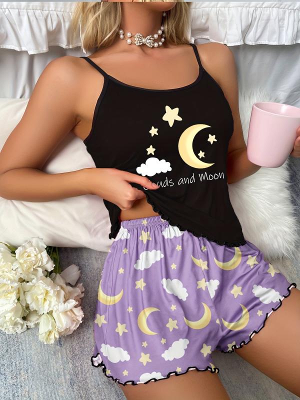 Moon & Cloud Print Pajama Set Crew Neck Cami Top & Elastic Waistband Shorts