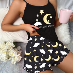 Moon & Cloud Print Pajama Set Crew Neck Cami Top & Elastic Waistband Shorts