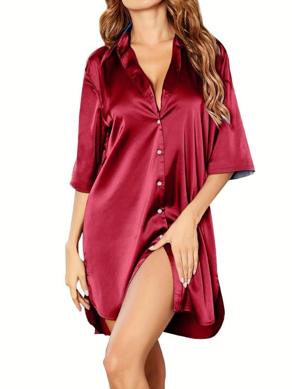 Button Lapel Sleep Top Casual Solid Half Sleeve Shirt Women's Sleepwear