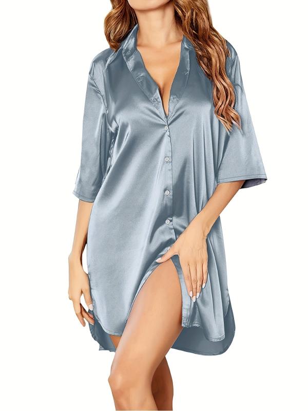 Button Lapel Sleep Top Casual Solid Half Sleeve Shirt Women's Sleepwear