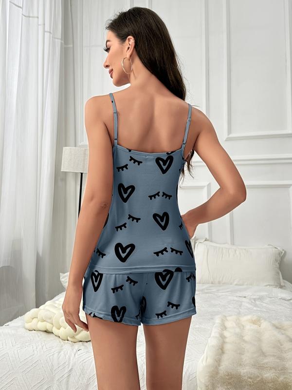 Heart Print Pajama Set Cami Top & Shorts